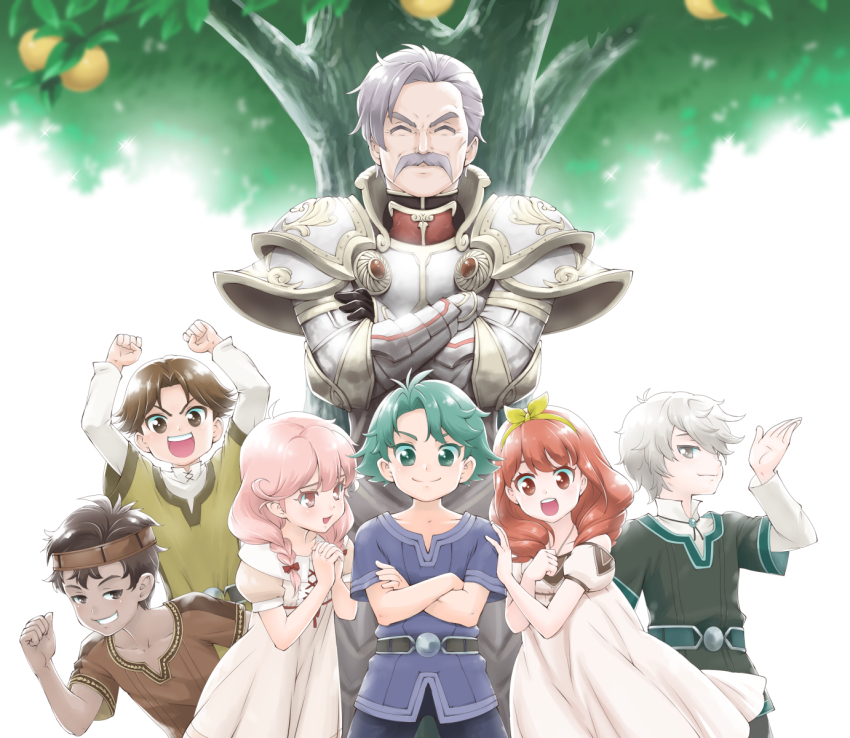 2girls, 5boys, aged_down, alm_(fire_emblem), armor, black_hair, bow, braid