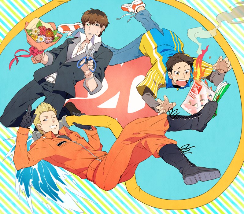 10s, 3boys, ;), alternate_hair_color, blackish_961sp, blonde_hair, blue_eyes, boots, bouquet, brown_eyes, brown_hair, cosplay, costume_switch, employee_uniform, fire, flower, green_eyes, heterochromia, hose, idolmaster, idolmaster_side-m, ijuuin_hokuto, jumpsuit, kimura_ryu, long_sleeves, magazine_(object), male_focus, mole, mole_under_eye, multicolored_hair, multiple_boys, one_eye_closed, open_mouth, orange_jumpsuit, patterned_background, quiff, salute, scissors, shoes, smile, smoke, sneakers, sweatdrop, t_k_g, takajo_kyoji, two-finger_salute, two-tone_hair