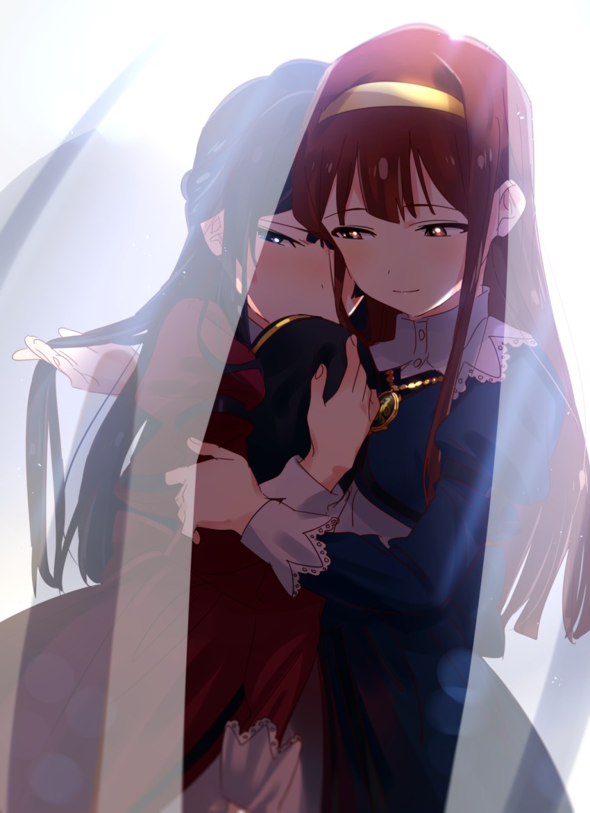 10s, 2girls, black_hair, blue_dress, blue_eyes, blush, brown_eyes, brown_hair