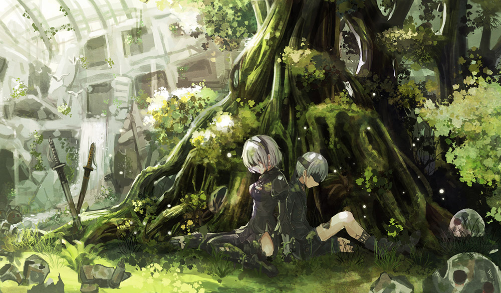 1boy, 1girl, akatsukiame, back-to-back, black_legwear, blindfold, grass, moss