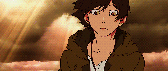 10s, 1boy, animated, animated_gif, araragi_koyomi, character_request, cloud, cloudy_sky, despair, fire, kizumonogatari, light_rays, monogatari_(series), on_fire, sky, sunbeam, sunlight