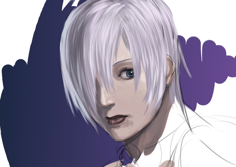 1girl, blue_eyes, female_focus, hair_over_one_eye, isabella_valentine, ryu_(gaquarium), short_hair, silver_hair