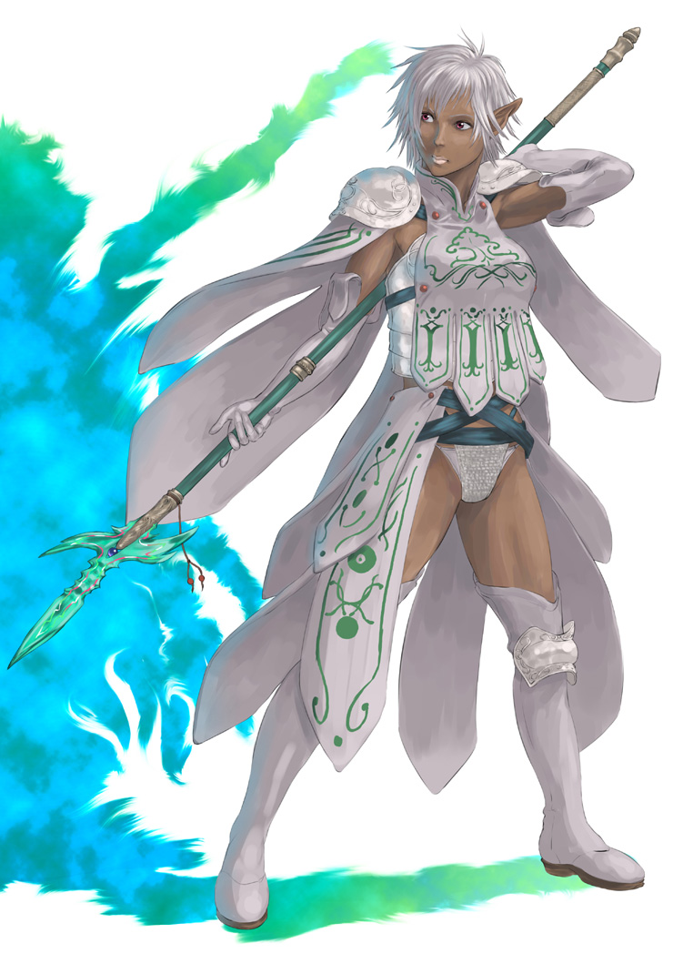 armor, boots, dark-skinned_female, dark_skin, elf, halberd, original, panties