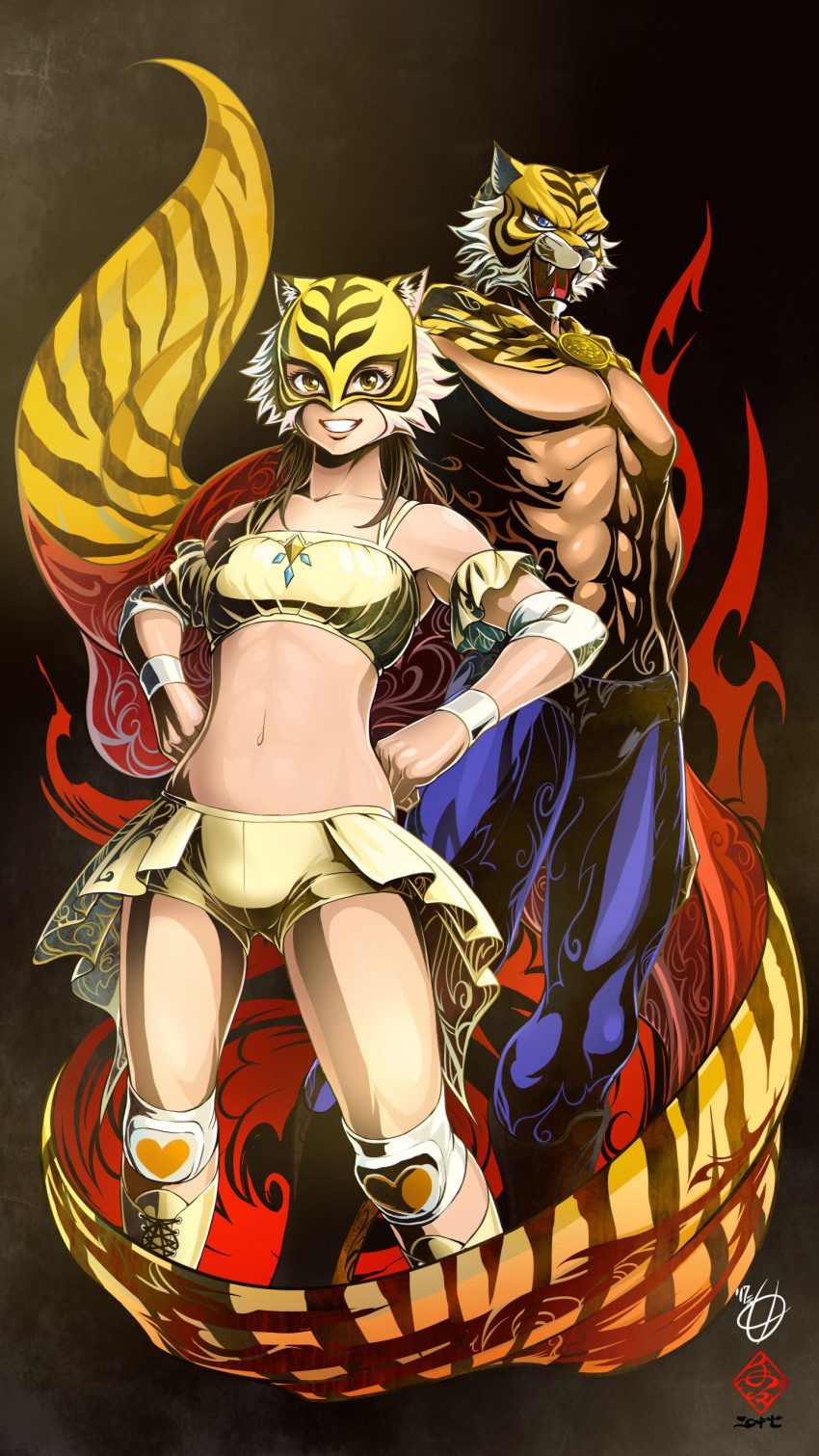 10s, 1boy, 1girl, abs, absurdres, animal_print, bad_id, bad_pixiv_id