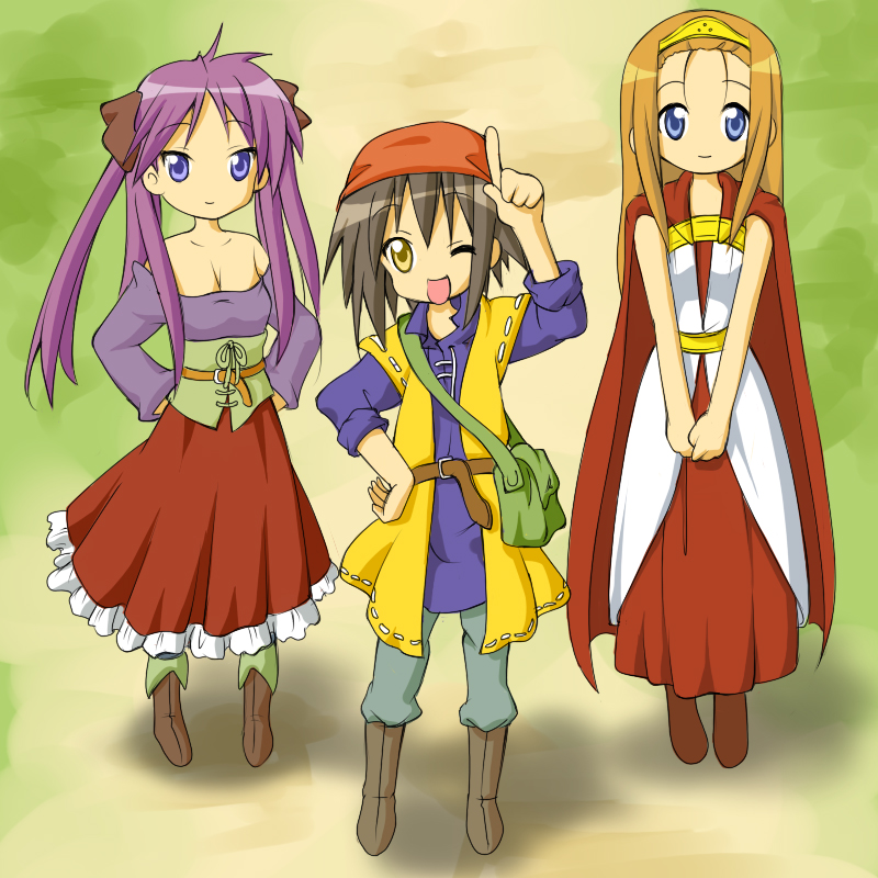 3girls, bare_shoulders, blue_eyes, breasts, brown_hair, cleavage, cosplay, dragon_quest, dragon_quest_viii, dress, hair_ribbon, hero_(dq8), hero_(dq8)_(cosplay), hiiragi_kagami, jessica_albert, jessica_albert_(cosplay), kusakabe_misao, long_hair, lucky_star, medea_(cosplay), medea_(dq8), minegishi_ayano, multiple_girls, one_eye_closed, purple_hair, purple_shirt, ribbon, ruu_(tksymkw), shirt, short_hair, small_breasts, square_enix, twintails, wink, yellow_eyes