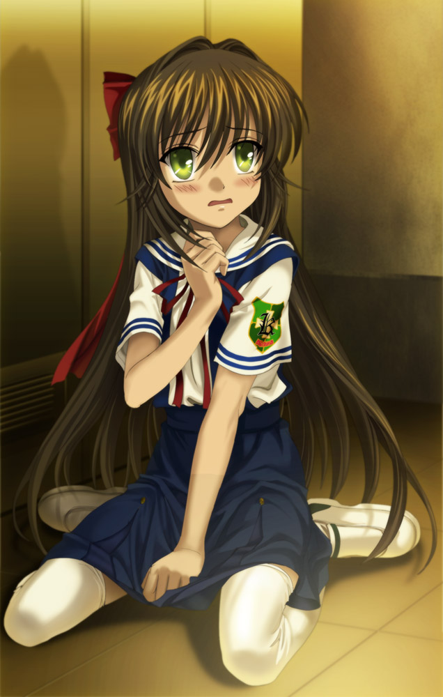 00s, 1boy, blush, clannad, covering_crotch, covering_privates, crossdressing, crossdressing_(mtf)