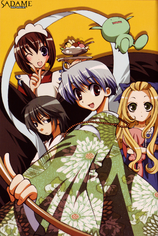 2boys, 2girls, apron, black_hair, blonde_hair, bob_cut, brown_eyes, brown_hair