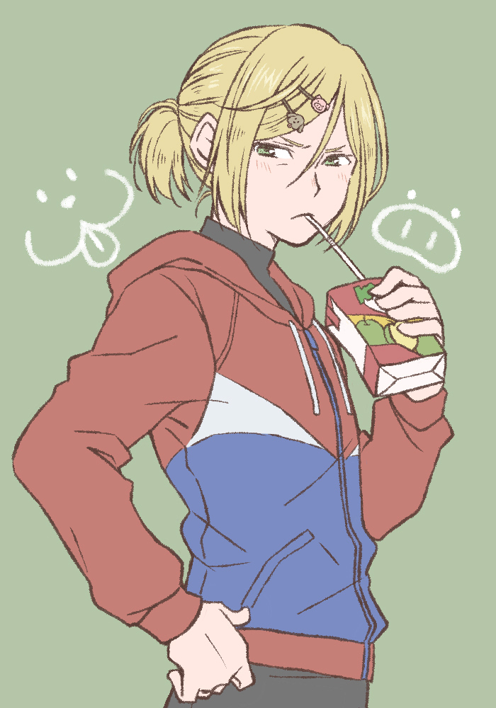 10s, 1boy, animal_hair_ornament, blonde_hair, dog_hair_ornament, drink_carton, drinking_straw, green_eyes