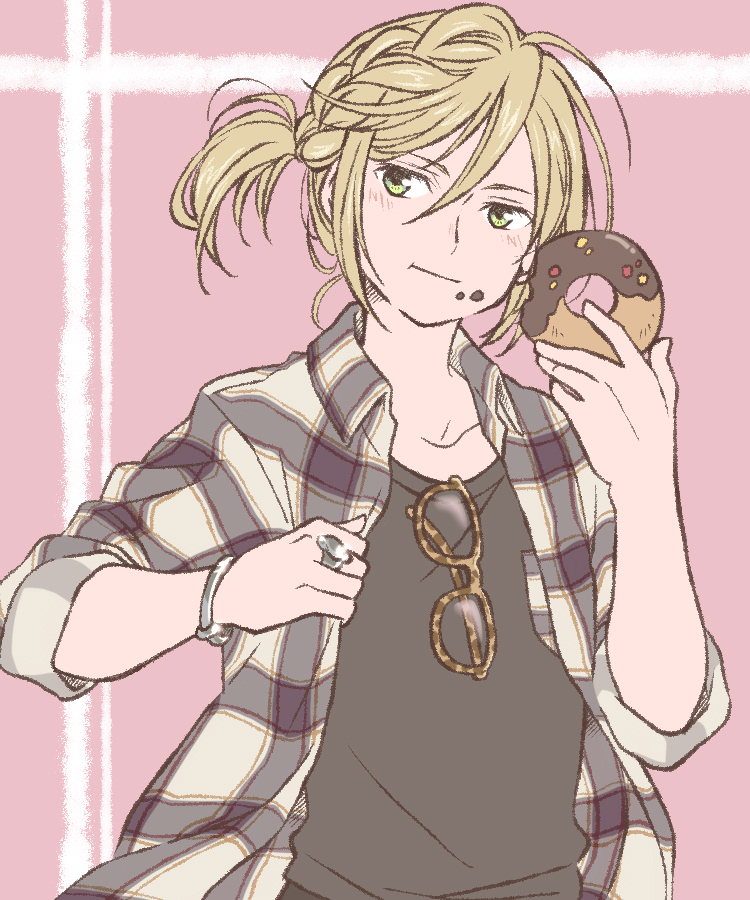 10s, 1boy, blonde_hair, braid, collared_shirt, donut, eyewear_hang, food