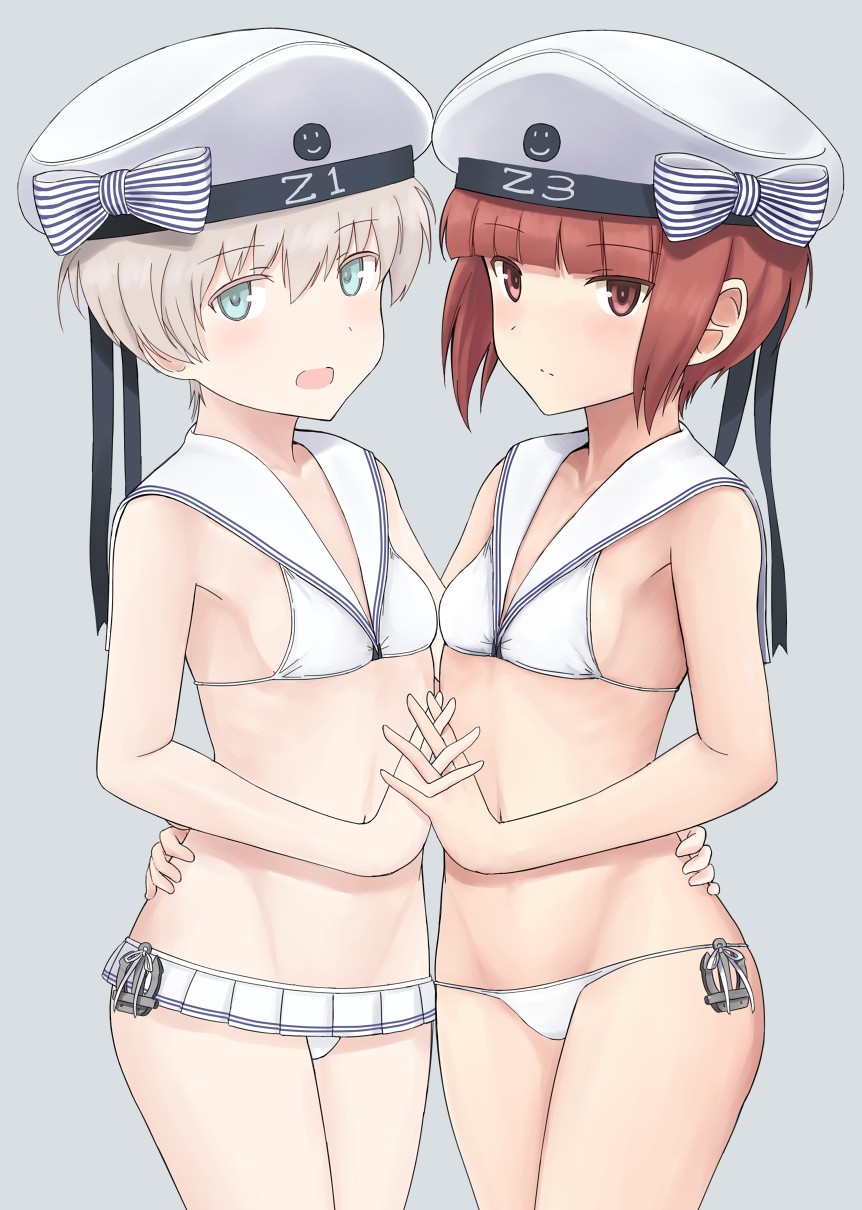 10s, 2girls, bikini, blonde_hair, blue_eyes, brown_eyes, brown_hair, clothes_writing
