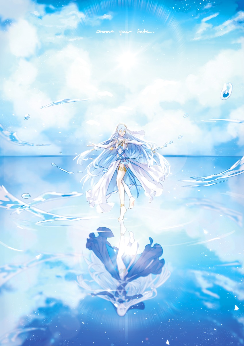 1girl, anklet, azura_(fire_emblem), barefoot, blue_hair, dancer, dress, elbow_gloves