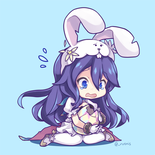 1girl, animal_ears, blue_eyes, blue_hair, chibi, egg, fake_animal_ears, female_focus