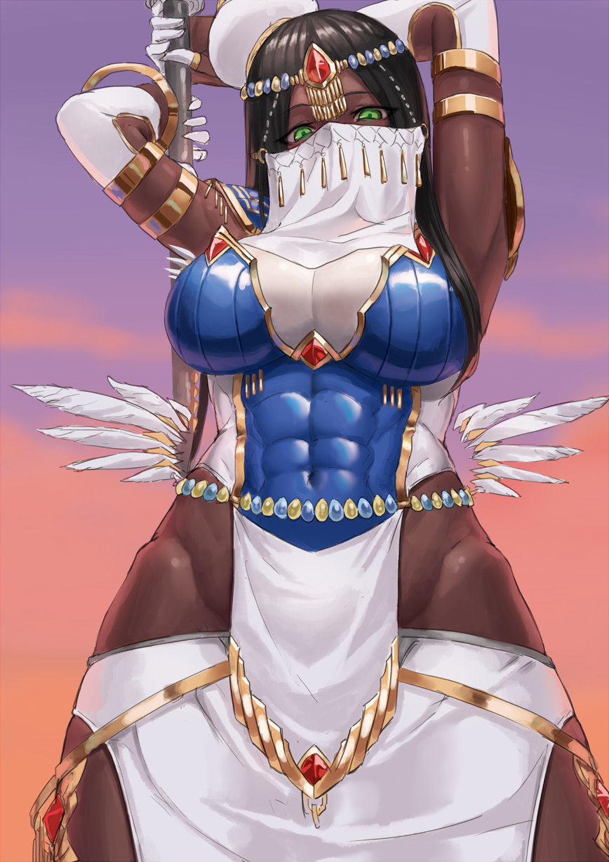 1girl, abs, armlet, armor, armpits, black_hair, breasts, clothing_cutout