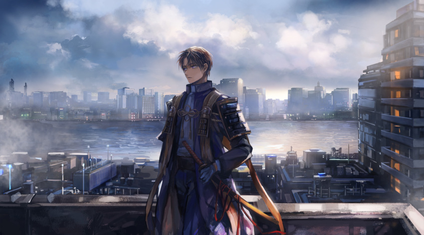 10s, 1boy, 38ban, armor, brown_hair, building, cityscape, cloud