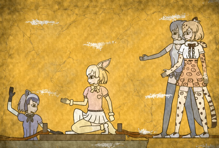 10s, 7kita, animal_ears, arm_up, belt, black_bow, black_eyes, black_gloves