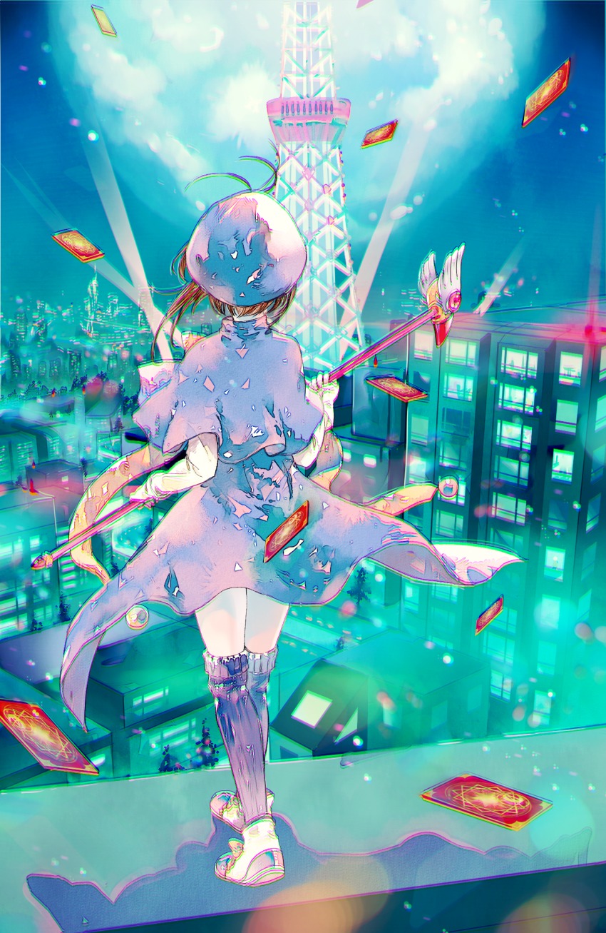 1990s_(style), 1girl, ahma, black_thighhighs, brown_hair, card, cardcaptor_sakura, chromatic_aberration