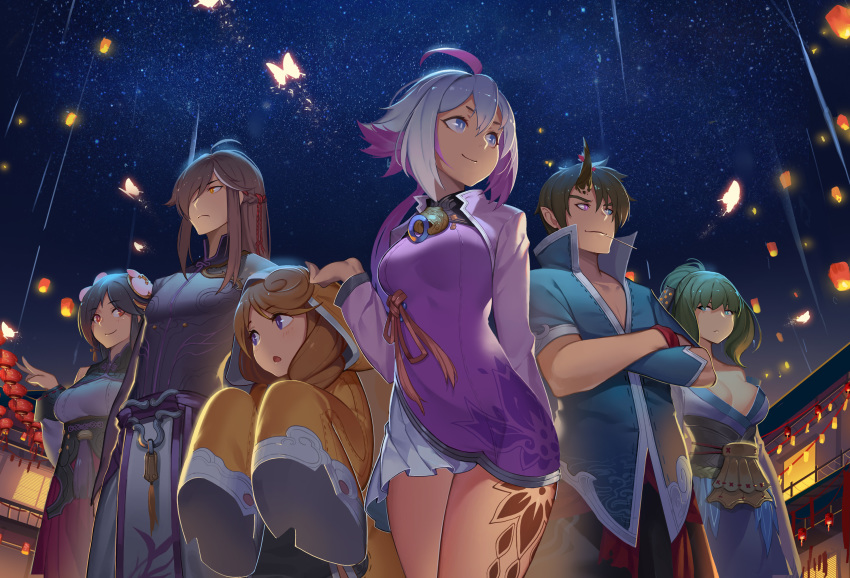 2boys, 4girls, :o, absurdres, ahoge, blue_eyes, breasts, brown_hair