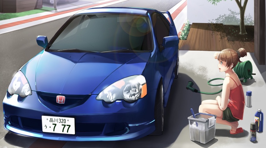 1girl, arm_up, blunt_bangs, brown_hair, bucket, camisole, car, cleaning_brush