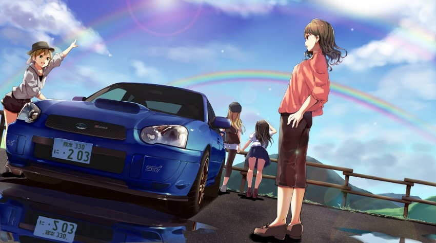 4girls, beret, black_hair, black_hat, black_skirt, blonde_hair, blue_car, blue_sky