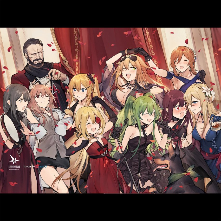 1boy, 6+girls, animal_ears, aviator_sunglasses, beard, berezovich_kryuger_(girls'_frontline), black_hair, blonde_hair