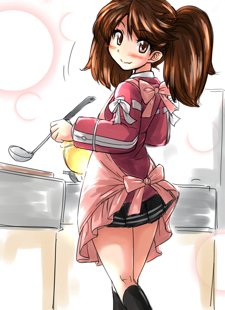 10s, 1girl, apron, bowl, brown_eyes, brown_hair, commentary_request, fang