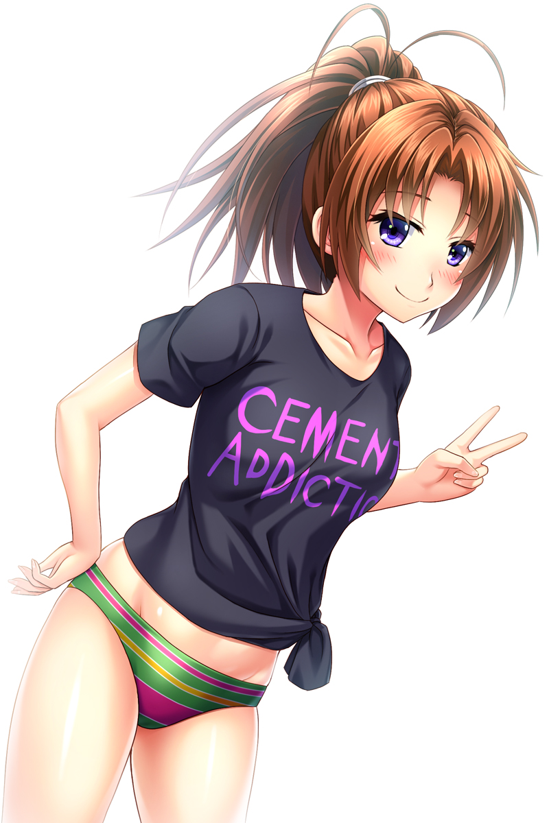 10s, 1girl, bikini, bikini_bottom_only, black_shirt, brown_hair, clothes_writing, collarbone