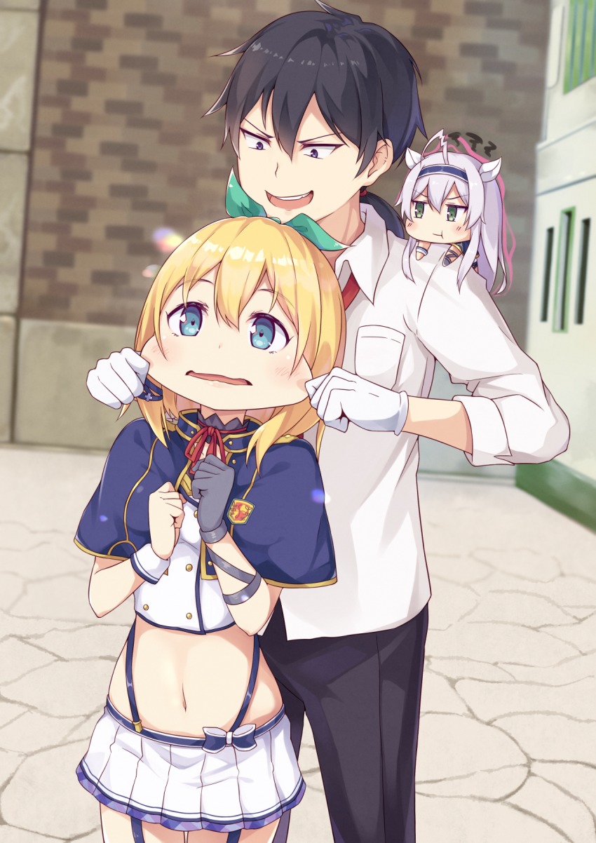 >:t, 10s, 1boy, 2girls, :t, ahoge, black_gloves, black_hair