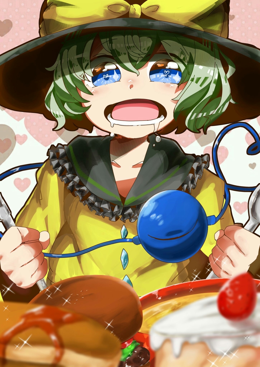 1girl, blue_eyes, bow, burger, commentary_request, dessert, drooling, eyebrows, female_focus, food, fork, frilled_shirt_collar, frills, green_hair, hair_between_eyes, hat, hat_bow, heart, heart-shaped_pupils, highres, holding, holding_spoon, komeiji_koishi, long_sleeves, ofudonburi_ayu, open_mouth, pancake, short_hair, solo, spoon, symbol-shaped_pupils, third_eye, touhou, yellow_bow