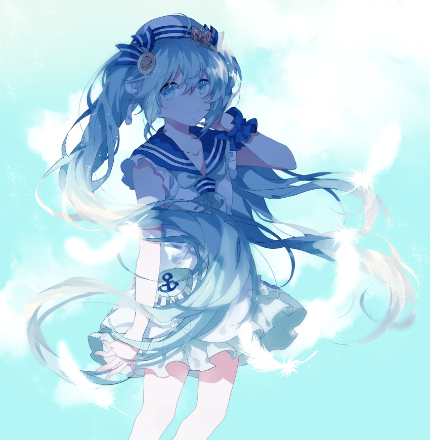 1girl, absurdres, adapted_costume, blue_eyes, blue_hair, dress, female_focus, frills