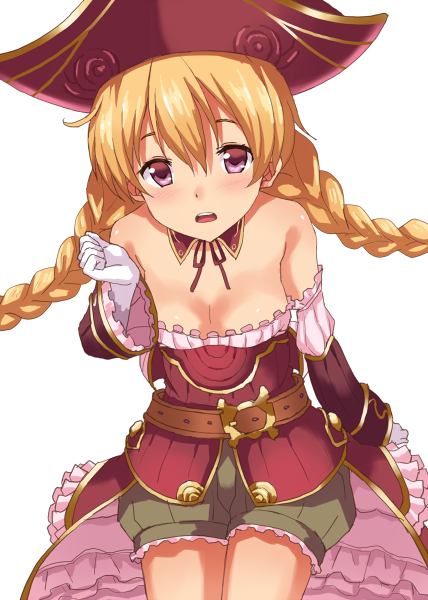 1girl, bare_shoulders, belt, belt_buckle, blonde_hair, blush, braid, breasts, buckle, cleavage, clenched_hands, detached_collar, dot_nose, eyebrows, female_focus, frills, gloves, hand_up, hat, leaning_forward, legs_together, long_hair, looking_at_viewer, maurette_(sennen_sensou_aigis), open_mouth, pink_eyes, pirate_hat, rasahan, red_hat, sennen_sensou_aigis, shorts, simple_background, sleeve_cuffs, small_breasts, solo, strapless, teeth, twin_braids, upper_teeth_only, very_long_hair, white_background, white_gloves