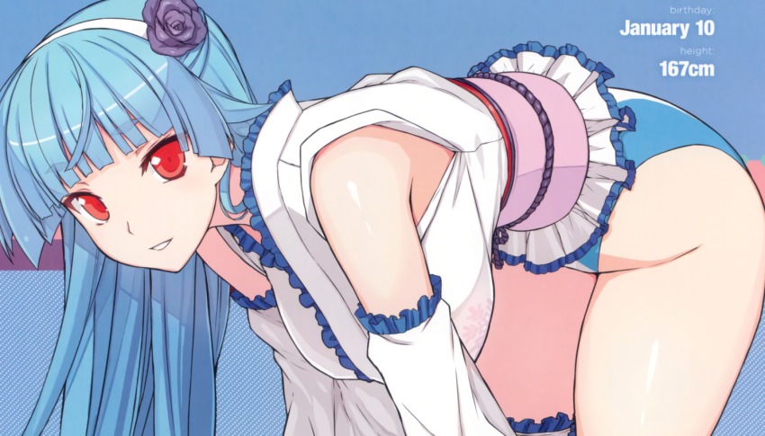 1girl, bent_over, blue_hair, breasts, female_focus, flower, hair_flower, hair_ornament