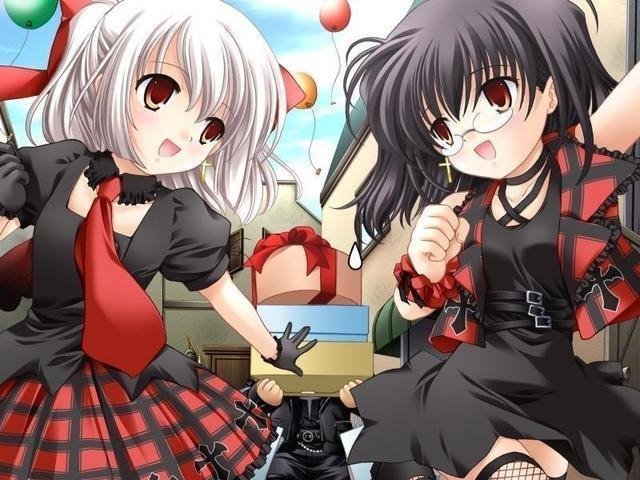 1boy, 2girls, balloon, belt, black_hair, duplicate, earrings, fishnets