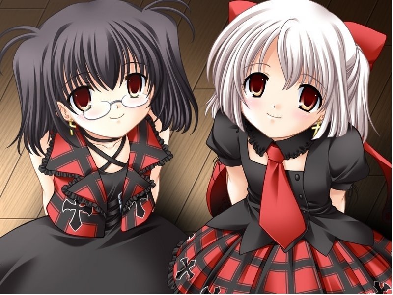 2girls, black_hair, cross, dress, earrings, game_cg, glasses, jewelry, lolita_fashion, multiple_girls, natsuki_(triptych), necktie, nimura_yuuji, plaid_clothes, plaid_skirt, punk, punk_lolita, red_eyes, ribbon, riona, riona_(triptych), saiga_(company), silver_hair, skirt, smile, triptych
