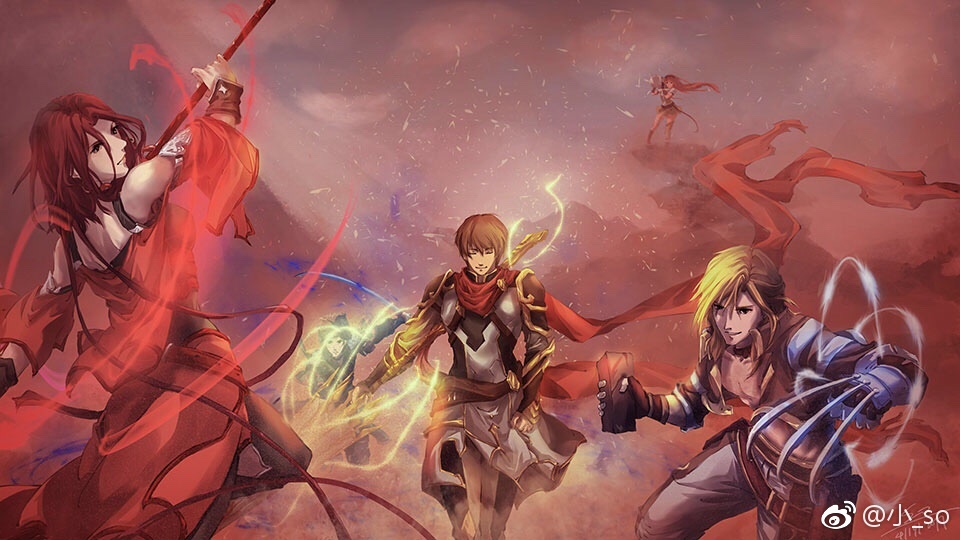 2boys, 2girls, artist_request, bandana, black_gloves, black_hair, blonde_hair, brick