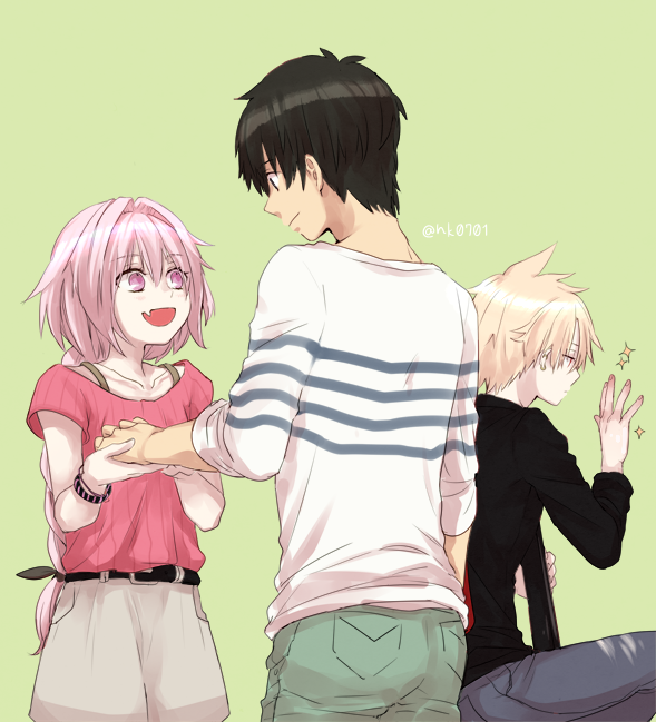 3boys, arash_(fate), astolfo_(fate), bad_id, bad_twitter_id, black_hair, blonde_hair, blush