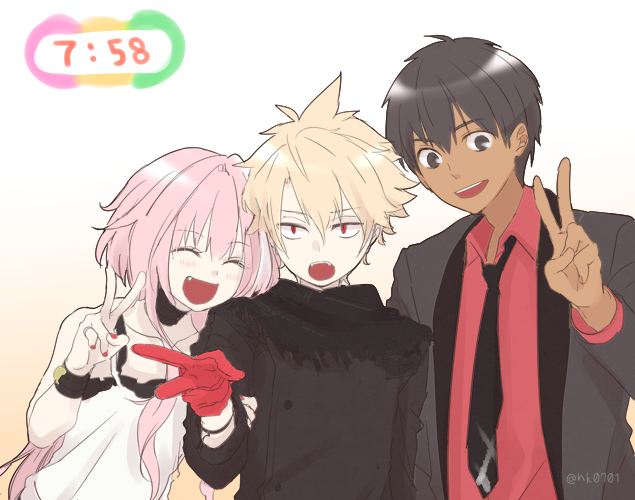 3boys, arash_(fate), arash_(noisy_obsession)_(fate), astolfo_(fate), astolfo_(noisy_obsession)_(fate), bad_id, bad_twitter_id, black_hair, blonde_hair, blush, braid, dark-skinned_male, dark_skin, fang, fate/apocrypha, fate/grand_order, fate/prototype, fate/prototype:_fragments_of_blue_and_silver, fate_(series), hair_ribbon, hyde_(fate), hyde_(noisy_obsession)_(fate), jekyll_and_hyde_(fate), kamuran_ran, long_hair, male_focus, multiple_boys, official_alternate_costume, pink_hair, purple_eyes, red_eyes, ribbon, short_hair, single_braid, smile, trap