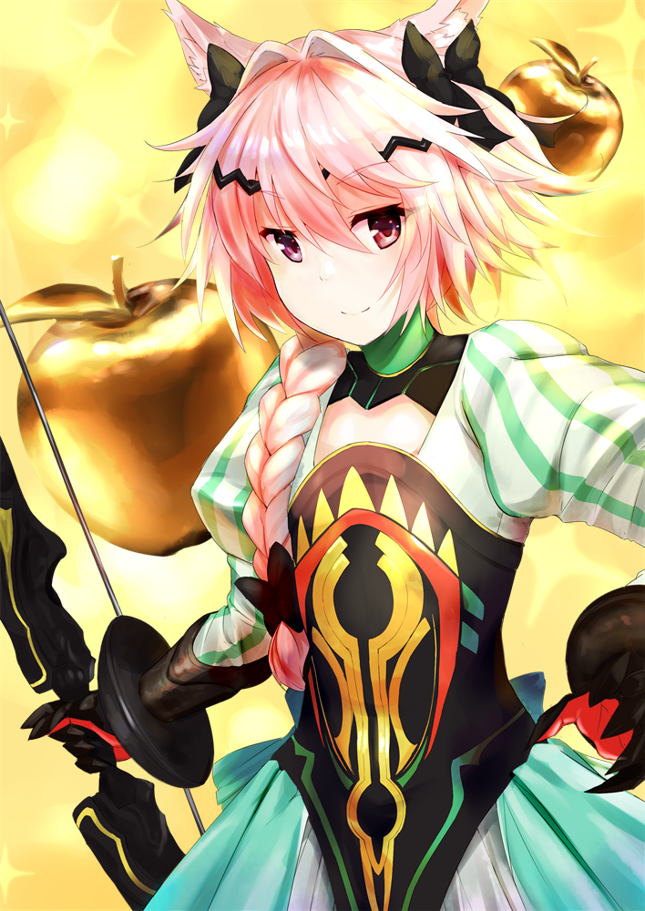 1boy, apple, astolfo_(fate), atalanta_(fate), atalanta_(fate)_(cosplay), atalanta_(third_ascension)_(fate), bare_shoulders, blush