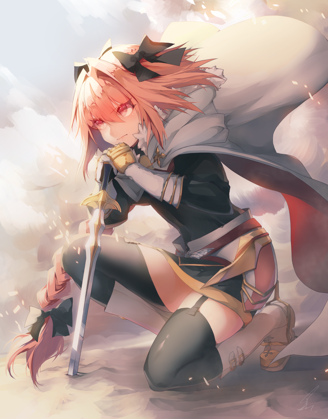 1boy, astolfo_(fate), astolfo_(rider)_(fate), black_thighhighs, braid, cape, fate/apocrypha, fate_(series), garter_straps, gauntlets, hair_ribbon, highres, holding, holding_weapon, long_hair, looking_at_viewer, male_focus, pink_hair, purple_eyes, ribbon, saihate_(saihate_d3), single_braid, solo, sword, thighhighs, trap, very_long_hair, weapon
