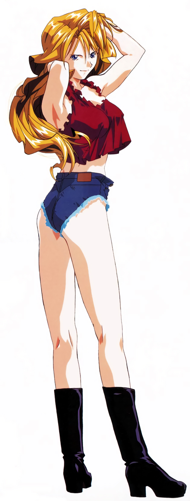 1girl, arm_behind_head, arms_up, black_boots, blonde_hair, blue_eyes, boots, breasts