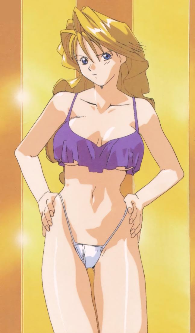 1girl, blonde_hair, blue_eyes, breasts, christine_garland, covered_erect_nipples, cowboy_shot, female_focus, hands_on_own_hips, large_breasts, long_hair, looking_at_viewer, navel, no_bra, official_art, panties, serious, solo, string_panties, super_real_mahjong, tanaka_ryou, tank_top, underboob, underwear, white_panties