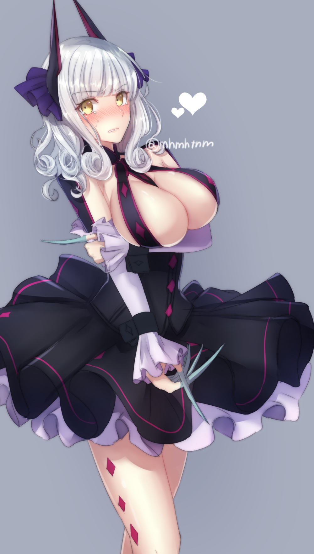 10s, 1girl, blush, breasts, carmilla_(fate), claws, cleavage, cosplay, curly_hair, elizabeth_bathory_(fate), elizabeth_bathory_(fate/extra), elizabeth_bathory_(first_ascension)_(fate), fate/extra, fate/extra_ccc, fate/grand_order, fate_(series), female_focus, highres, horns, lancer_(fate/extra_ccc)_(cosplay), large_breasts, long_hair, looking_at_viewer, purple_background, sideboob, silver_hair, simple_background, skirt, solo, tanaji, tears, thighs, twitter_username, yellow_eyes