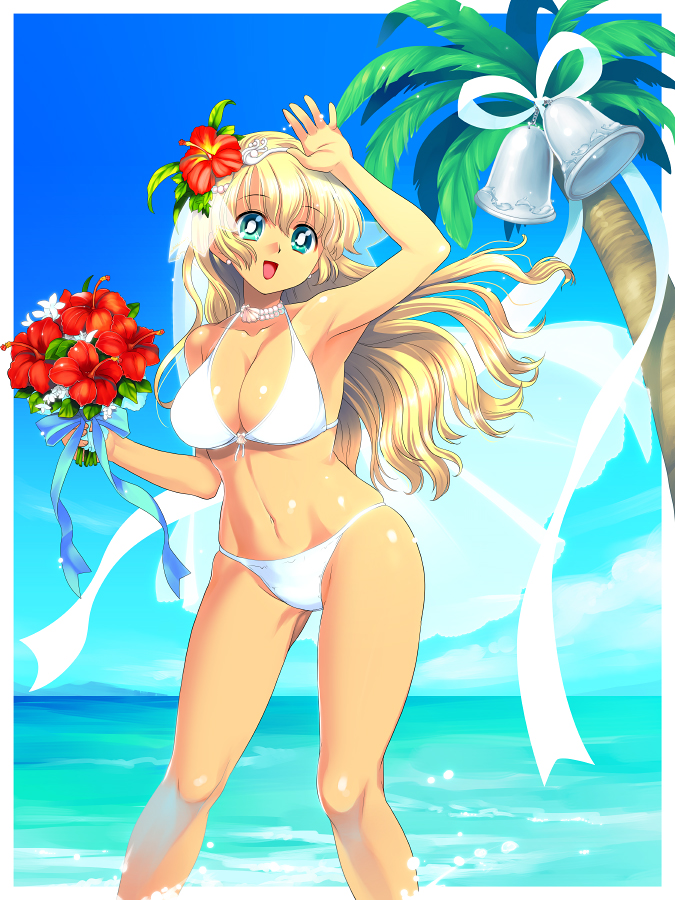 1girl, aqua_eyes, beach, bell, bikini, blonde_hair, bouquet, breasts, bridal_veil, bride, cleavage, cloud, day, female_focus, flower, gem, gimei, hibiscus, jewelry, long_hair, necklace, ocean, original, outdoors, palm_tree, pearl_(gemstone), pearl_necklace, sky, smile, solo, summer, swimsuit, tree, veil, wedding, white_bikini