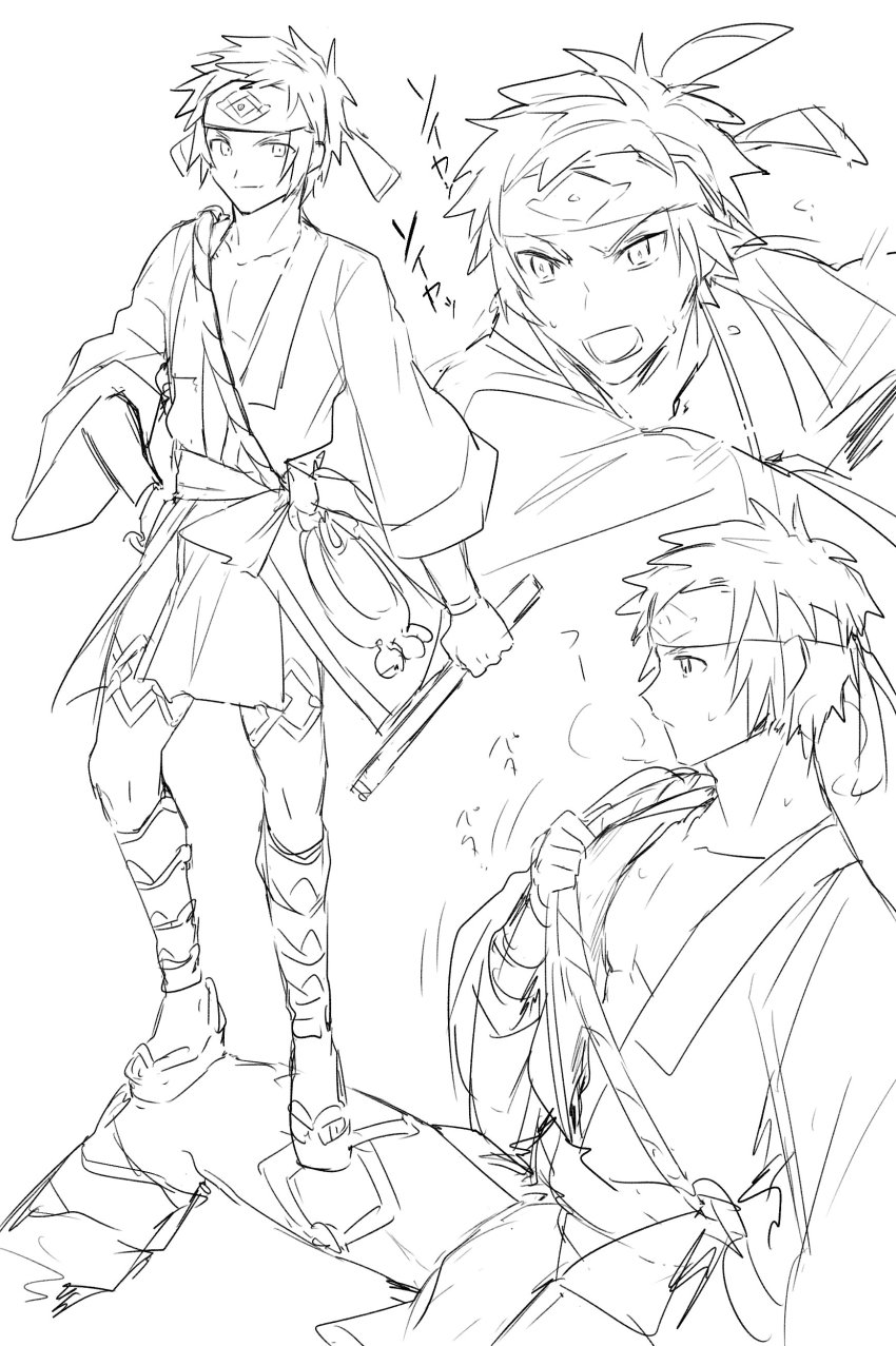 10s, 1boy, absurdres, reference_sheet, drum_master_(granblue_fantasy), drumsticks, geta, gran_(granblue_fantasy)