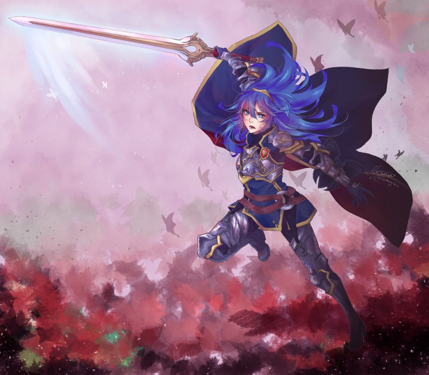 1girl, alternate_costume, armor, blue_eyes, blue_hair, falchion_(fire_emblem), female_focus, fire_emblem, fire_emblem_awakening, full_body, highres, ilyscia, long_hair, lucina_(fire_emblem), nintendo, open_mouth, solo, tiara, weapon