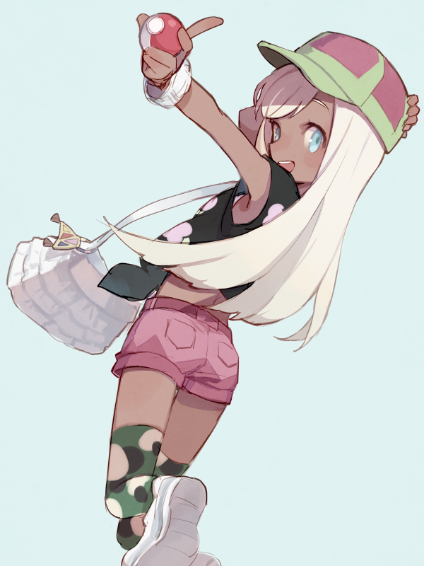 1girl, :d, arm_up, armpits, bag, bare_shoulders, baseball_cap, blue_eyes, blush, camouflage, camouflage_legwear, dark-skinned_female, dark_skin, female_focus, frilled_bag, from_behind, hand_on_headwear, handbag, hat, holding, holding_poke_ball, leg_up, long_hair, nintendo, open_mouth, original, outstretched_arm, pink_shorts, pocket, pointing, pointing_at_viewer, poke_ball, poke_ball_(basic), pokemon, pokemon_sun_and_moon, round_teeth, running, selene_(pokemon), shoes, short_shorts, shorts, shoulder_bag, silver_hair, sleeveless, smile, solo, soto, straight_hair, swept_bangs, tank_top, tareme, teeth, thighhighs, white_shoes, wristband