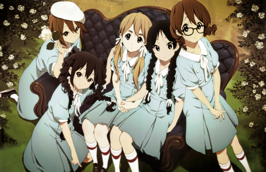 5girls, absurdres, akiyama_mio, alternate_costume, alternate_hairstyle, black_eyes, black_hair, blonde_hair