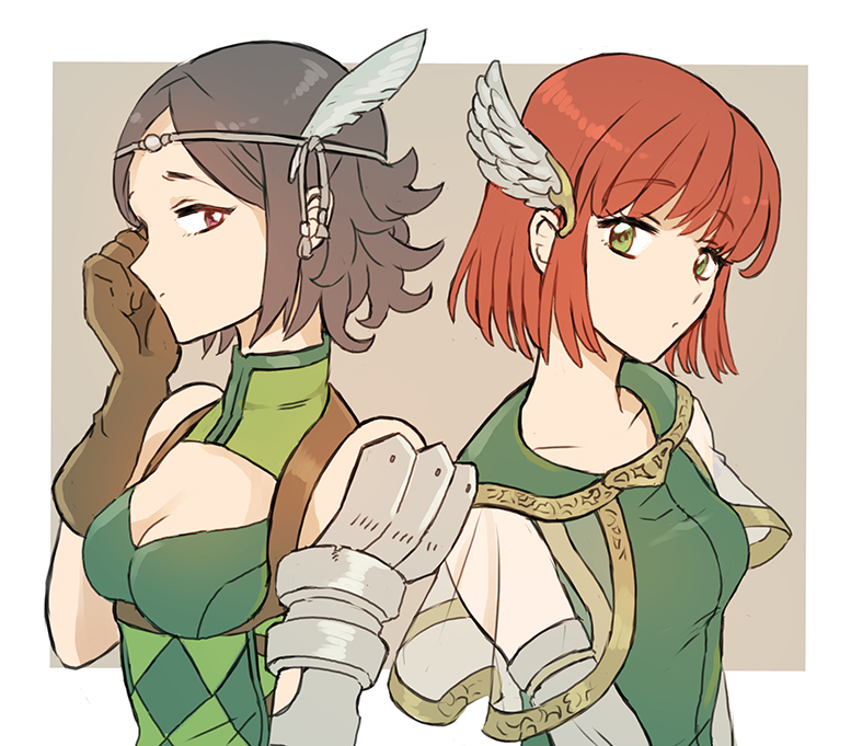 2girls, adjusting_hair, bare_shoulders, black_hair, bracer, breasts, circlet, cleavage