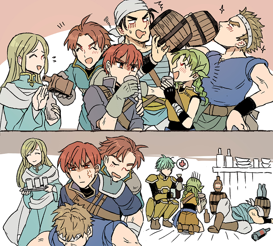 1girl, 6+boys, ^^^, ^_^, anger_vein, aqua_hair, armor, bandaged_arm