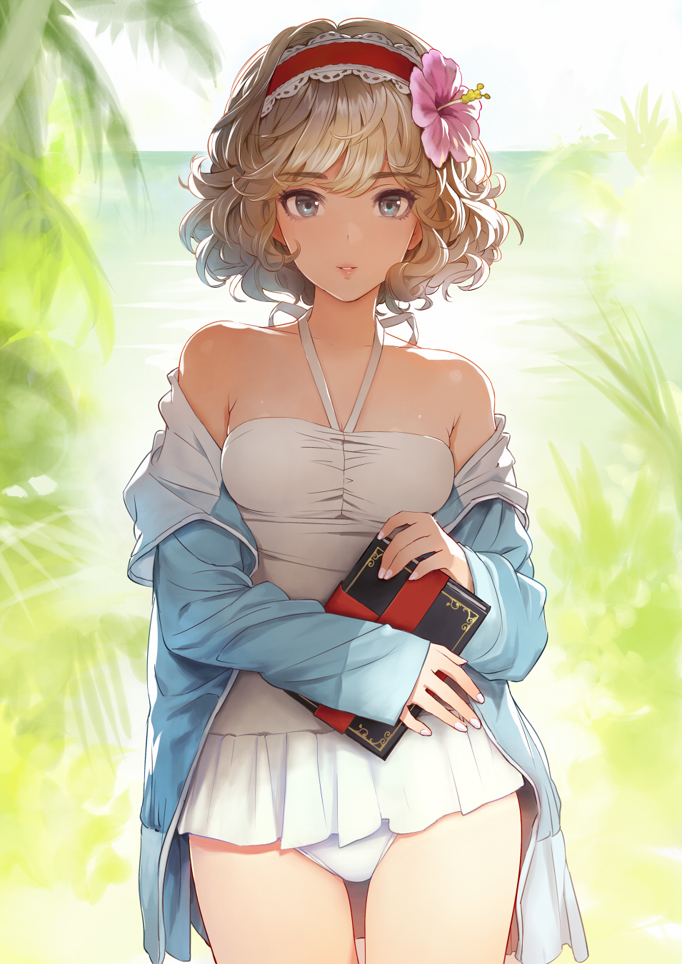 1girl, alice_margatroid, backlighting, bare_shoulders, blonde_hair, blue_eyes, blue_jacket, book, breasts, casual_one-piece_swimsuit, collarbone, cowboy_shot, curly_hair, day, dot_nose, female_focus, fingernails, flower, frilled_hairband, frills, grimoire_of_alice, hair_flower, hair_ornament, hairband, halterneck, hibiscus, highres, holding, holding_book, hood, hooded_jacket, hoodie, horizon, jacket, light_brown_hair, lolita_hairband, long_sleeves, looking_at_viewer, matsuda_(matsukichi), nail_polish, ocean, off_shoulder, one-piece_swimsuit, open_clothes, open_hoodie, open_jacket, outdoors, palm_tree, parted_lips, short_hair, sleeves_past_wrists, small_breasts, smile, solo, swept_bangs, swimsuit, thighs, touhou, tree, white_one-piece_swimsuit