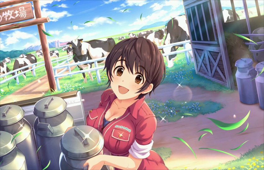 10s, 1girl, :d, animal, artist_request, barn, black_hair, blade_of_grass, blue_sky, blush, breasts, brown_eyes, buttons, carrying, character_name, cleavage, clothes_writing, cloud, cloudy_sky, collarbone, cow, day, dot_nose, dutch_angle, ear_tag, eyes_visible_through_hair, farm, farmer, farming, farmwork, female_focus, fence, flower, from_above, grass, hair_between_eyes, hay, holding, horizon, idolmaster, idolmaster_cinderella_girls, idolmaster_cinderella_girls_starlight_stage, jumpsuit, large_breasts, light_rays, looking_at_viewer, milk_churn, mountain, official_art, oikawa_shizuku, open_mouth, outdoors, path, pocket, raised_eyebrows, ranch, rancher, road, rural, short_hair, sign, silo, sky, sleeves_rolled_up, smile, solo, sparkle, sunbeam, sunlight, sweat, translated, unzipped, upper_body, white_flower, wind, wind_lift, wing_collar, yellow_flower